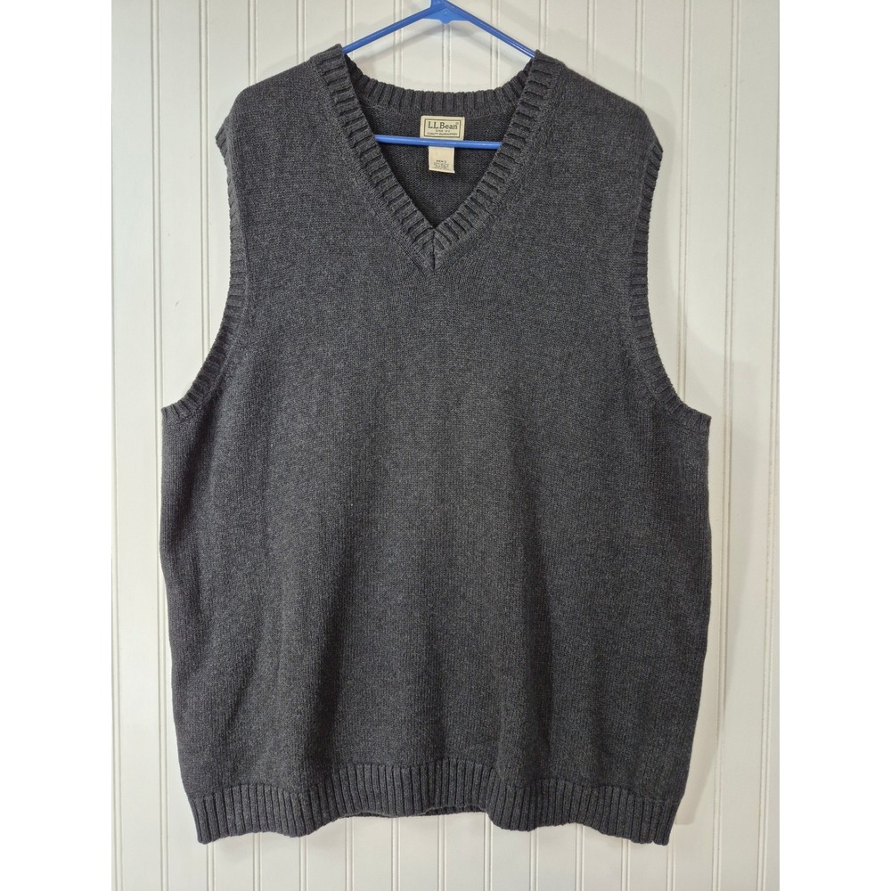 LL Bean Mens XL Tall Charcoal Gray 100% Cotton V-Neck Sweater Vest Preppy